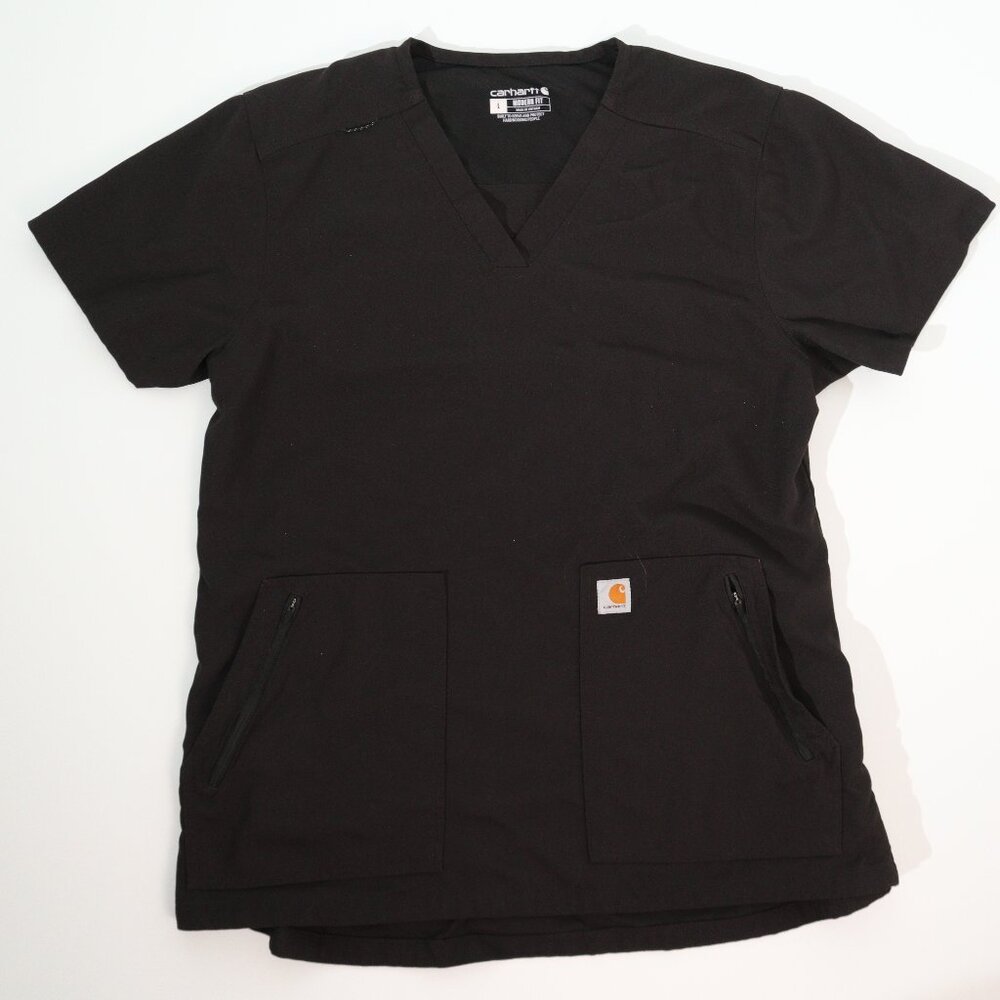 Carhartt Black Scrub Top Large Modern Fit V-Neck Zipper Pockets Medical Workwear